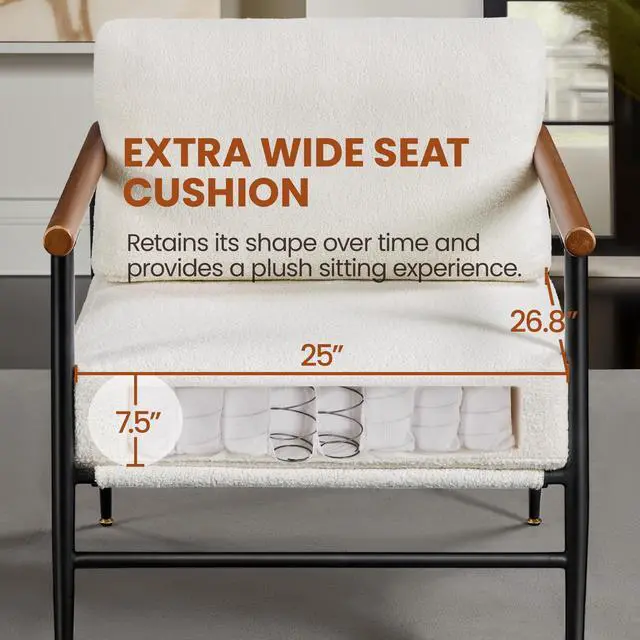 Alt view image 6 of 7 - Yaheetech Accent Chair, Modern Vanity Chair, Boucle Fabric Lounge Chair with Metal Frame, Plush Back Pillow and Seat Cushion Pocket Coil Seat for Living Room Bedroom Makeup Room, Ivory
