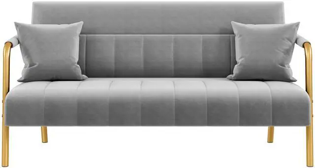 Main image of Yaheetech 56.5" W Modern Sofa Small Sofa Luxurious Velvet Fabric Couch with Gold-Tone Metal Arms and Legs for Living Room, Home Office, Studio Light Gray