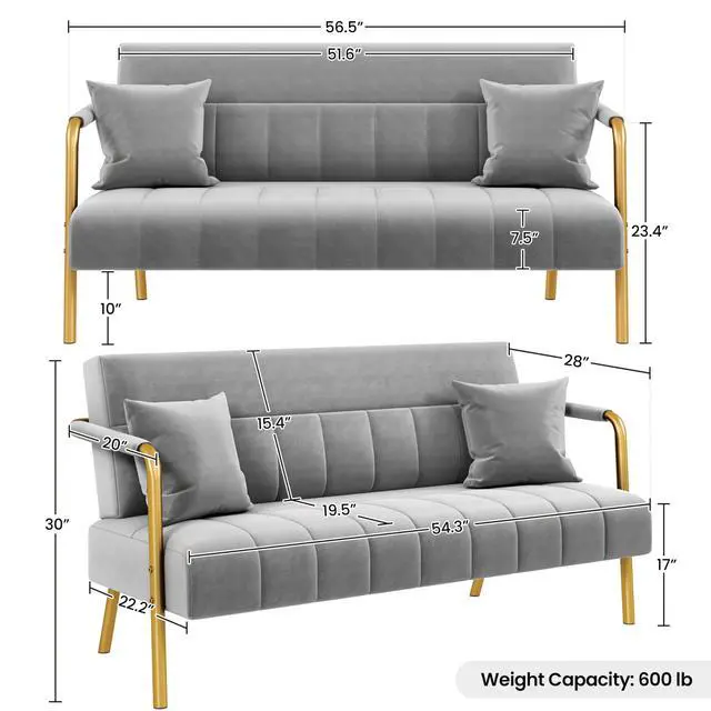 Alt view image 2 of 7 - Yaheetech 56.5" W Modern Sofa Small Sofa Luxurious Velvet Fabric Couch with Gold-Tone Metal Arms and Legs for Living Room, Home Office, Studio Light Gray