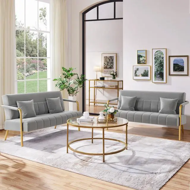 Alt view image 3 of 7 - Yaheetech 56.5" W Modern Sofa Small Sofa Luxurious Velvet Fabric Couch with Gold-Tone Metal Arms and Legs for Living Room, Home Office, Studio Light Gray