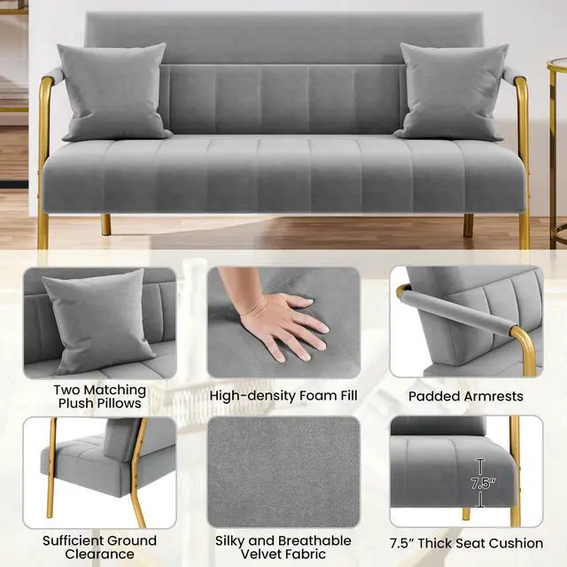 Alt view image 5 of 7 - Yaheetech 56.5" W Modern Sofa Small Sofa Luxurious Velvet Fabric Couch with Gold-Tone Metal Arms and Legs for Living Room, Home Office, Studio Light Gray
