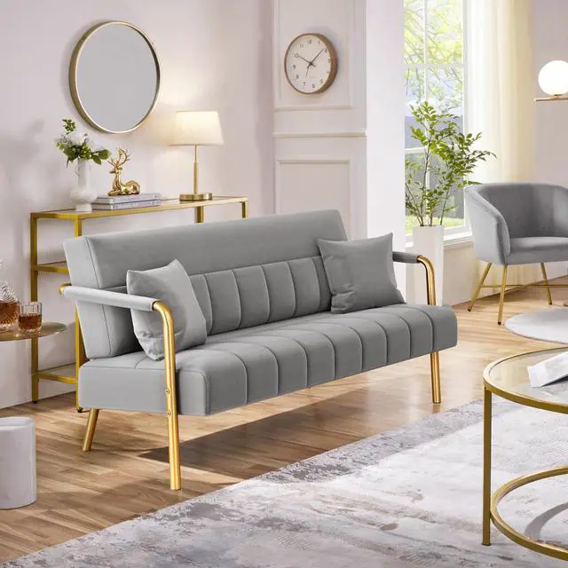 Alt view image 4 of 7 - Yaheetech 56.5" W Modern Sofa Small Sofa Luxurious Velvet Fabric Couch with Gold-Tone Metal Arms and Legs for Living Room, Home Office, Studio Light Gray