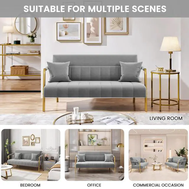 Alt view image 6 of 7 - Yaheetech 56.5" W Modern Sofa Small Sofa Luxurious Velvet Fabric Couch with Gold-Tone Metal Arms and Legs for Living Room, Home Office, Studio Light Gray