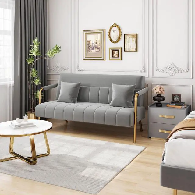 Alt view image 7 of 7 - Yaheetech 56.5" W Modern Sofa Small Sofa Luxurious Velvet Fabric Couch with Gold-Tone Metal Arms and Legs for Living Room, Home Office, Studio Light Gray