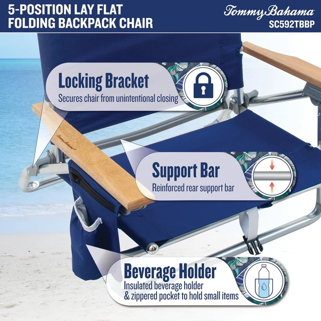 Alt view image 7 of 7 - 5-Position Classic Lay Flat Folding Backpack Beach Chair, Polyester, Navy