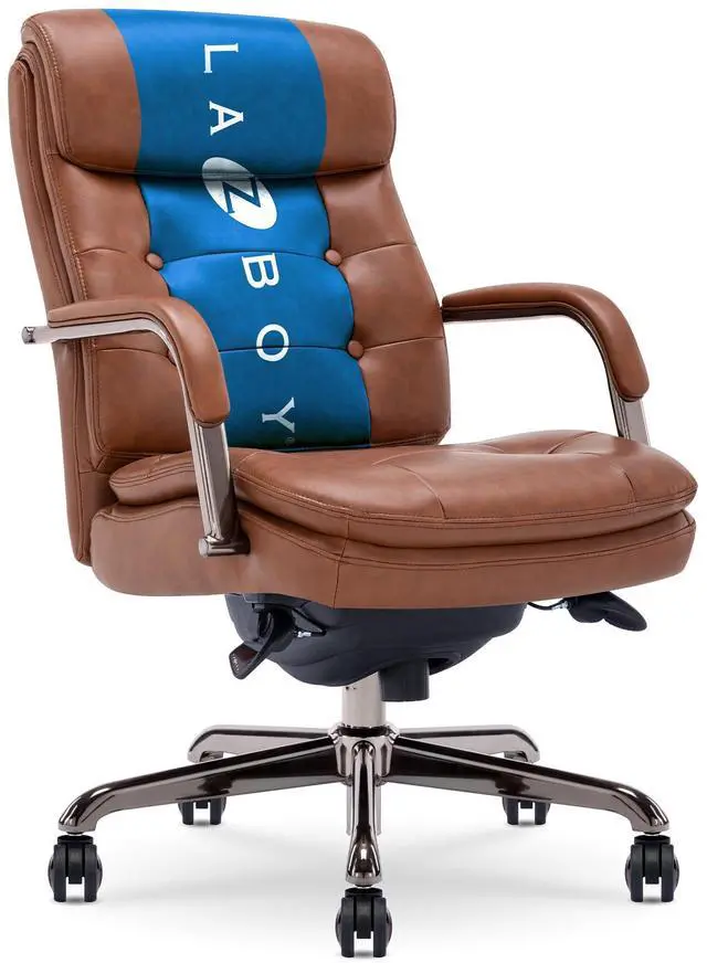 Main image of La-Z-Boy Sonata Executive Mid-Back Office Chair, Button-Tufted Seat and Back, Double-Layer Cushion, Padded Armrests, Ergonomic Computer DeskChair, Swivel Metal Base, Bonded Leather, Cognac/Graphite