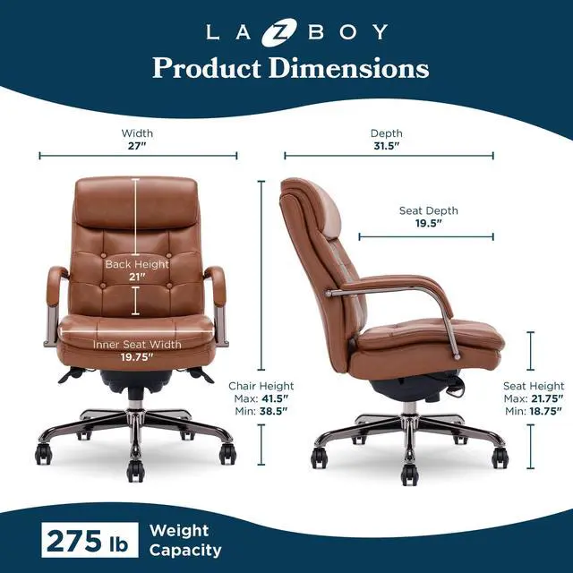 Alt view image 2 of 7 - La-Z-Boy Sonata Executive Mid-Back Office Chair, Button-Tufted Seat and Back, Double-Layer Cushion, Padded Armrests, Ergonomic Computer DeskChair, Swivel Metal Base, Bonded Leather, Cognac/Graphite