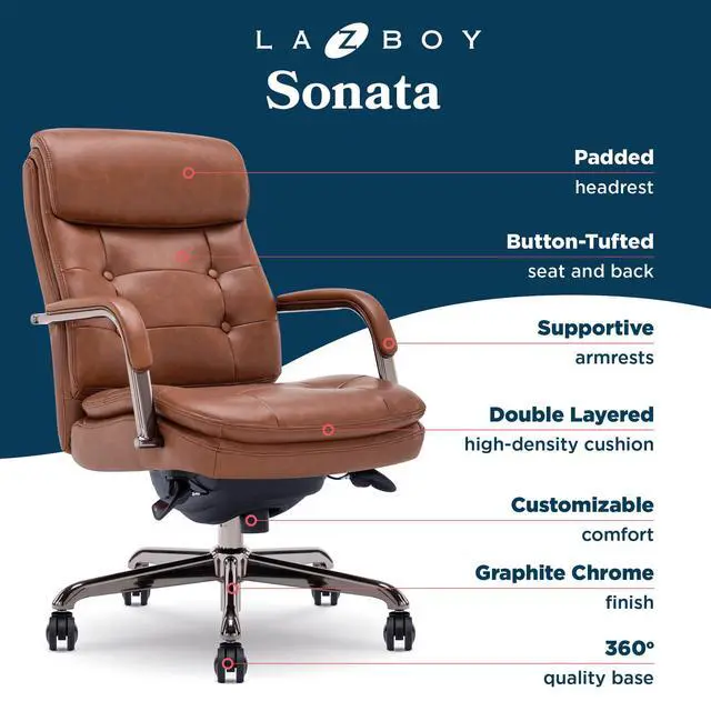 Alt view image 3 of 7 - La-Z-Boy Sonata Executive Mid-Back Office Chair, Button-Tufted Seat and Back, Double-Layer Cushion, Padded Armrests, Ergonomic Computer DeskChair, Swivel Metal Base, Bonded Leather, Cognac/Graphite