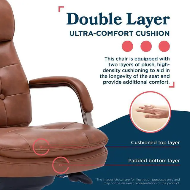 Alt view image 4 of 7 - La-Z-Boy Sonata Executive Mid-Back Office Chair, Button-Tufted Seat and Back, Double-Layer Cushion, Padded Armrests, Ergonomic Computer DeskChair, Swivel Metal Base, Bonded Leather, Cognac/Graphite