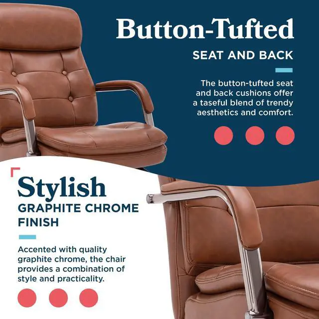 Alt view image 5 of 7 - La-Z-Boy Sonata Executive Mid-Back Office Chair, Button-Tufted Seat and Back, Double-Layer Cushion, Padded Armrests, Ergonomic Computer DeskChair, Swivel Metal Base, Bonded Leather, Cognac/Graphite