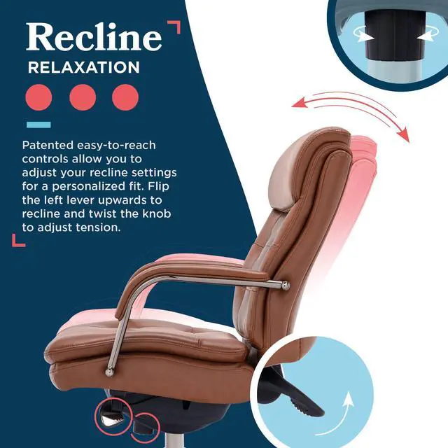 Alt view image 6 of 7 - La-Z-Boy Sonata Executive Mid-Back Office Chair, Button-Tufted Seat and Back, Double-Layer Cushion, Padded Armrests, Ergonomic Computer DeskChair, Swivel Metal Base, Bonded Leather, Cognac/Graphite