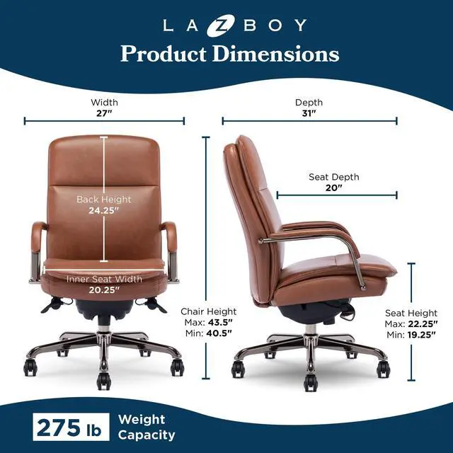 Alt view image 2 of 7 - La-Z-Boy Opus Executive Mid-Back Office Chair, Channel-Tufted Seat and Back, Double-Layer Cushion, Padded Arms, Ergonomic Computer Desk Chair, Swivel Metal Base, Bonded Leather, Cognac and Graphite
