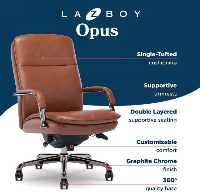 Alt view image 3 of 7 - La-Z-Boy Opus Executive Mid-Back Office Chair, Channel-Tufted Seat and Back, Double-Layer Cushion, Padded Arms, Ergonomic Computer Desk Chair, Swivel Metal Base, Bonded Leather, Cognac and Graphite