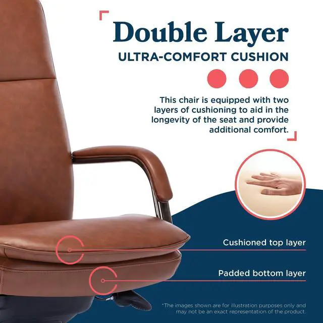 Alt view image 4 of 7 - La-Z-Boy Opus Executive Mid-Back Office Chair, Channel-Tufted Seat and Back, Double-Layer Cushion, Padded Arms, Ergonomic Computer Desk Chair, Swivel Metal Base, Bonded Leather, Cognac and Graphite