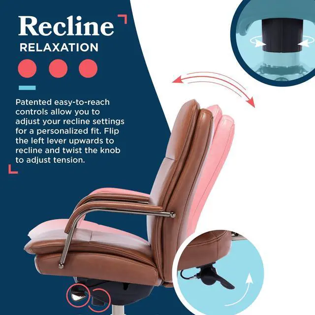 Alt view image 6 of 7 - La-Z-Boy Opus Executive Mid-Back Office Chair, Channel-Tufted Seat and Back, Double-Layer Cushion, Padded Arms, Ergonomic Computer Desk Chair, Swivel Metal Base, Bonded Leather, Cognac and Graphite