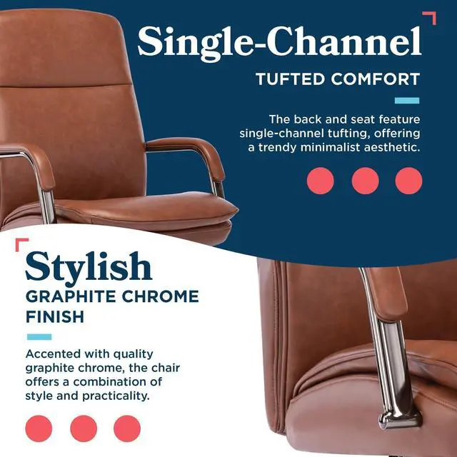 Alt view image 5 of 7 - La-Z-Boy Opus Executive Mid-Back Office Chair, Channel-Tufted Seat and Back, Double-Layer Cushion, Padded Arms, Ergonomic Computer Desk Chair, Swivel Metal Base, Bonded Leather, Cognac and Graphite