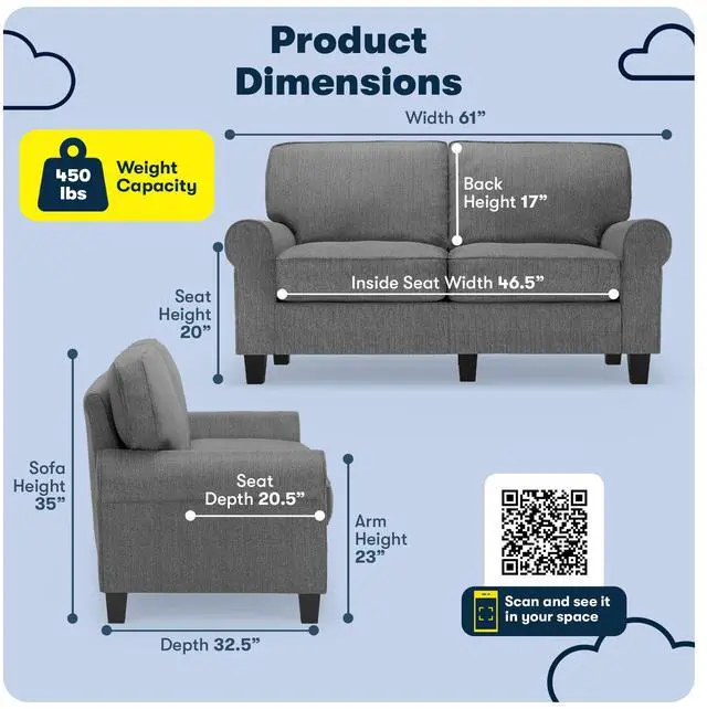 Alt view image 2 of 7 - Serta Copenhagen Small Loveseat Sofa, 61 Inch Couch with Rolled Arms, Pocket Coil Seat Cushions, Removable Covers, Easy Care Polyester Upholstery for Living Room, Bedroom or Office, Dark Gray