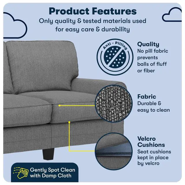 Alt view image 3 of 7 - Serta Copenhagen Small Loveseat Sofa, 61 Inch Couch with Rolled Arms, Pocket Coil Seat Cushions, Removable Covers, Easy Care Polyester Upholstery for Living Room, Bedroom or Office, Dark Gray