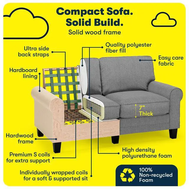 Alt view image 5 of 7 - Serta Copenhagen Small Loveseat Sofa, 61 Inch Couch with Rolled Arms, Pocket Coil Seat Cushions, Removable Covers, Easy Care Polyester Upholstery for Living Room, Bedroom or Office, Dark Gray