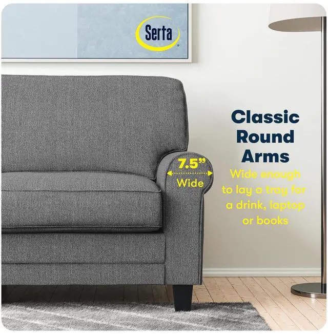 Alt view image 6 of 7 - Serta Copenhagen Small Loveseat Sofa, 61 Inch Couch with Rolled Arms, Pocket Coil Seat Cushions, Removable Covers, Easy Care Polyester Upholstery for Living Room, Bedroom or Office, Dark Gray