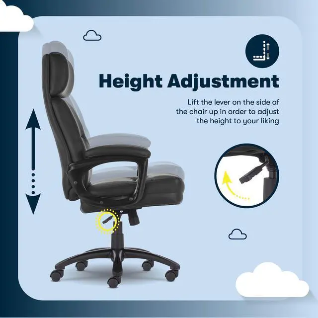 Alt view image 8 of 8 - Serta Comfort Executive Big & Tall Office Chair, Ergonomic High-Back Computer DeskChair, Semi Plush Cushion Seat, Soft Padded Armrests, SertaQuality Foam, Metal Swivel Base, Bonded Leather, Black