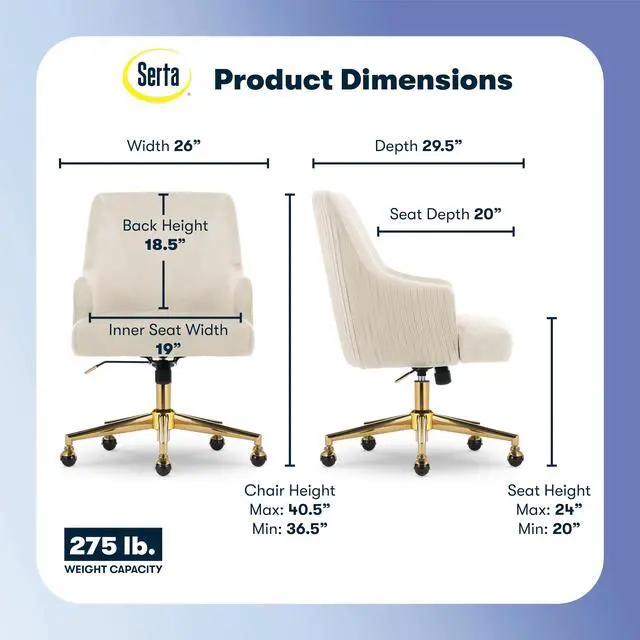 Alt view image 2 of 7 - Serta Scarlett Modern Office Chair, Pleated and Curved Mid-Back Desk Chair, Pocket Coil Seat Cushion, Padded Armrests, Vanity Armchair with Wheels, Swivel Gold Base, Beige Velvet Fabric