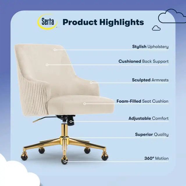 Alt view image 3 of 7 - Serta Scarlett Modern Office Chair, Pleated and Curved Mid-Back Desk Chair, Pocket Coil Seat Cushion, Padded Armrests, Vanity Armchair with Wheels, Swivel Gold Base, Beige Velvet Fabric