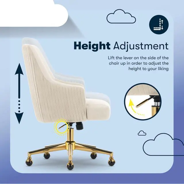 Alt view image 6 of 7 - Serta Scarlett Modern Office Chair, Pleated and Curved Mid-Back Desk Chair, Pocket Coil Seat Cushion, Padded Armrests, Vanity Armchair with Wheels, Swivel Gold Base, Beige Velvet Fabric