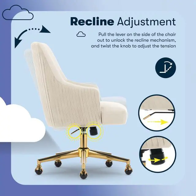 Alt view image 7 of 7 - Serta Scarlett Modern Office Chair, Pleated and Curved Mid-Back Desk Chair, Pocket Coil Seat Cushion, Padded Armrests, Vanity Armchair with Wheels, Swivel Gold Base, Beige Velvet Fabric