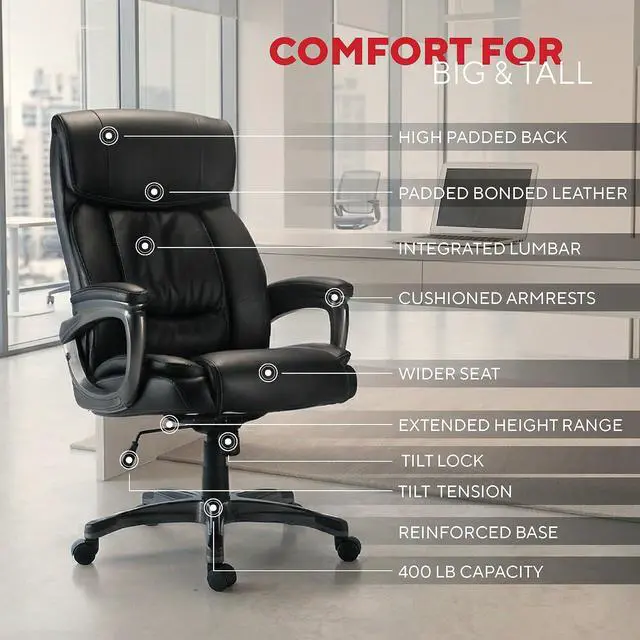 Alt view image 2 of 7 - STAPLES Lockland Ergonomic Managers Office Chair, Big & Tall Cushioned, Adjustable Height, Metal Frame, Bonded Leather, for Workspace, Home, or Gaming, Black