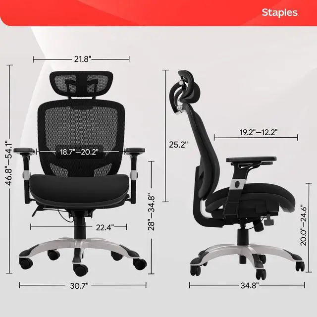 Alt view image 3 of 7 - STAPLES Hyken Ergonomic Office Chair Adjustable Lumbar Support with Breathable Mesh, Swivel Desk Chair for Home Office, Black (XL)