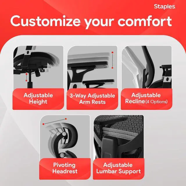 Alt view image 4 of 7 - STAPLES Hyken Ergonomic Office Chair Adjustable Lumbar Support with Breathable Mesh, Swivel Desk Chair for Home Office, Black (XL)