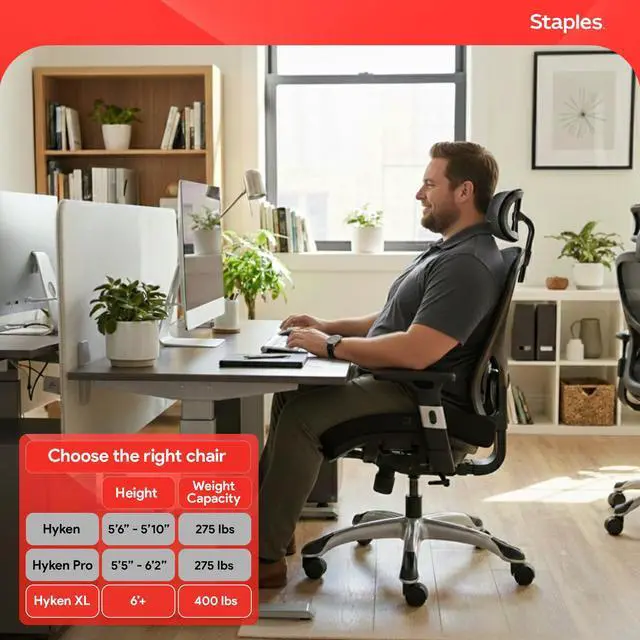 Alt view image 2 of 7 - STAPLES Hyken Ergonomic Office Chair Adjustable Lumbar Support with Breathable Mesh, Swivel Desk Chair for Home Office, Black (XL)