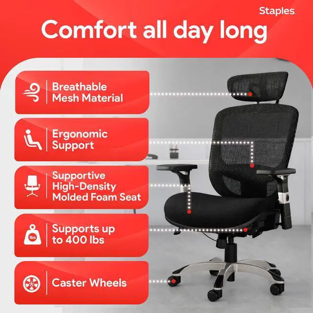 Alt view image 5 of 7 - STAPLES Hyken Ergonomic Office Chair Adjustable Lumbar Support with Breathable Mesh, Swivel Desk Chair for Home Office, Black (XL)
