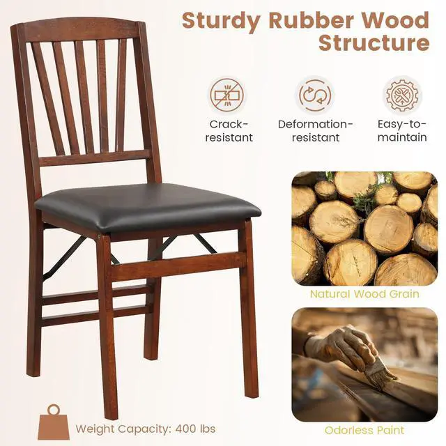 Alt view image 3 of 7 - Giantex Folding Dining Chairs Set of 2, Foldable Wood Kitchen Chairs with Padded Seat, Solid Wood Frame, Max Load 400 Lbs, No Assembly Easy to Store Wooden Dining Chairs for Apartment, Small Space
