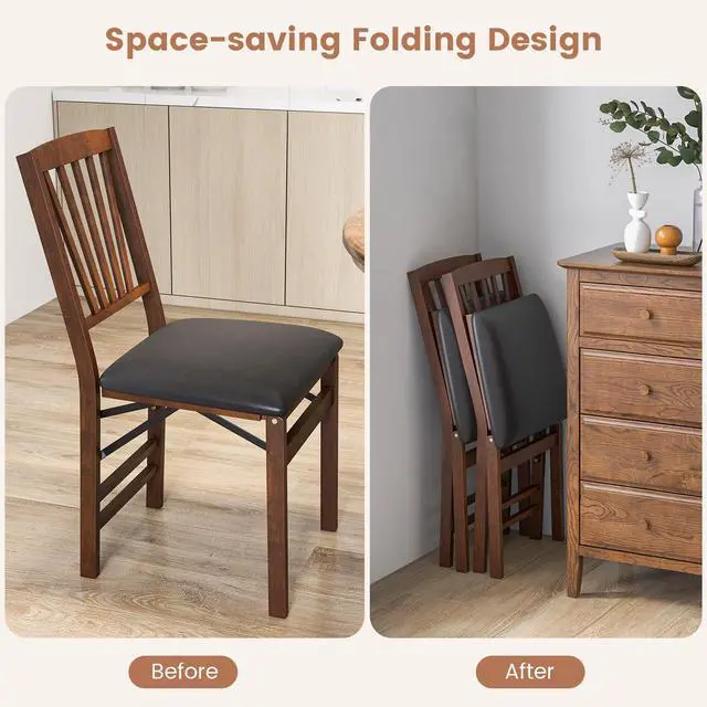 Alt view image 4 of 7 - Giantex Folding Dining Chairs Set of 2, Foldable Wood Kitchen Chairs with Padded Seat, Solid Wood Frame, Max Load 400 Lbs, No Assembly Easy to Store Wooden Dining Chairs for Apartment, Small Space