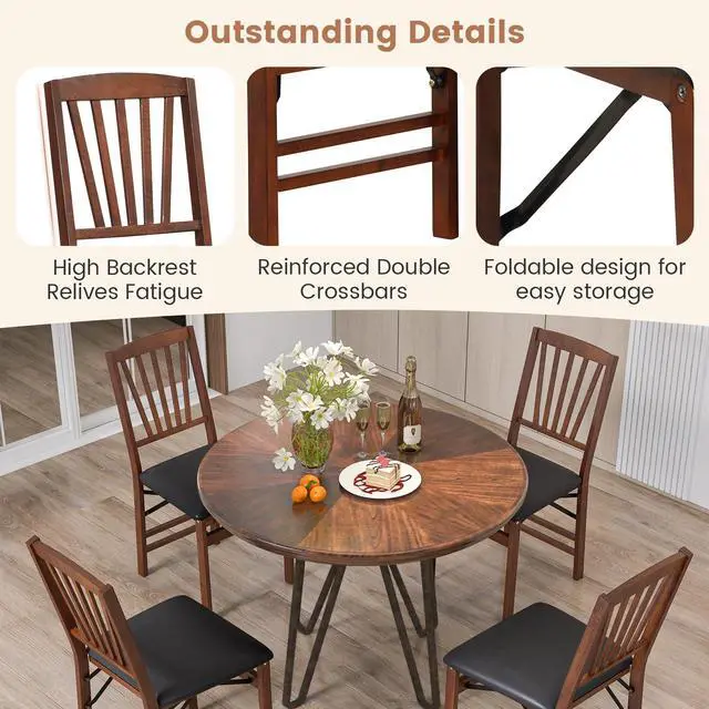 Alt view image 6 of 7 - Giantex Folding Dining Chairs Set of 2, Foldable Wood Kitchen Chairs with Padded Seat, Solid Wood Frame, Max Load 400 Lbs, No Assembly Easy to Store Wooden Dining Chairs for Apartment, Small Space