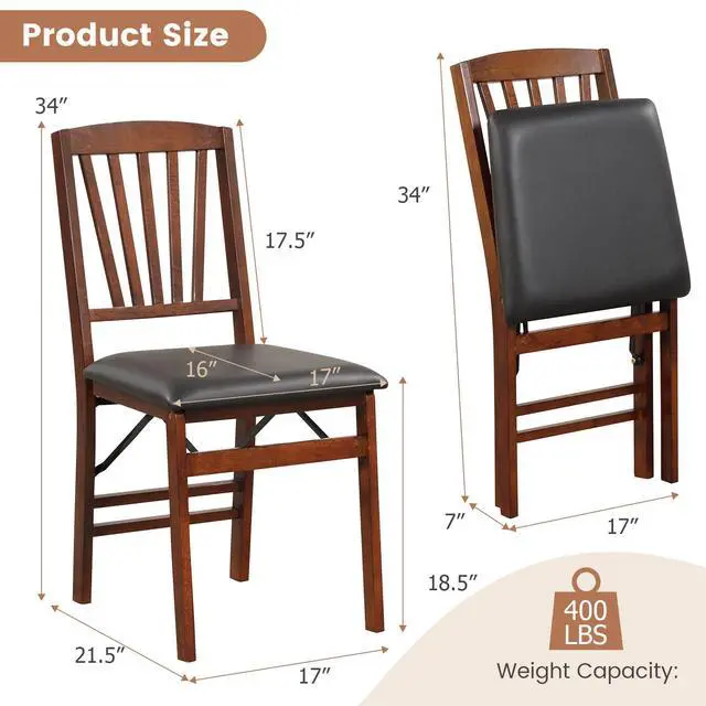 Alt view image 7 of 7 - Giantex Folding Dining Chairs Set of 2, Foldable Wood Kitchen Chairs with Padded Seat, Solid Wood Frame, Max Load 400 Lbs, No Assembly Easy to Store Wooden Dining Chairs for Apartment, Small Space