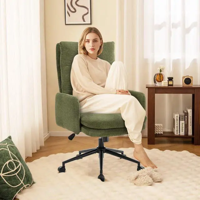 Alt view image 2 of 7 - IWMH High-Back Home Office Chair,Upholstered Desk Chair with Armrests,Height Adjustable Armchair with Wheels, Swivel Office Desk Chair, Ergonomic Computer Task Chair, Leisure Armchair Cashmere (Green)