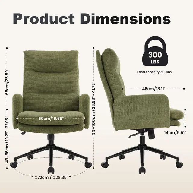 Alt view image 3 of 7 - IWMH High-Back Home Office Chair,Upholstered Desk Chair with Armrests,Height Adjustable Armchair with Wheels, Swivel Office Desk Chair, Ergonomic Computer Task Chair, Leisure Armchair Cashmere (Green)