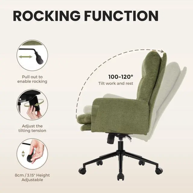 Alt view image 5 of 7 - IWMH High-Back Home Office Chair,Upholstered Desk Chair with Armrests,Height Adjustable Armchair with Wheels, Swivel Office Desk Chair, Ergonomic Computer Task Chair, Leisure Armchair Cashmere (Green)