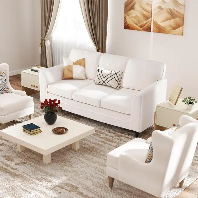 Alt view image 2 of 7 - Giantex 3 Seater Couch - 79 Mid Century Modern Upholstered Sofa with Armrests, Sturdy Legs, Teddy Fleece Comfy Couches for Living Room, Bedroom, Small Space, Apartment and Office (White)