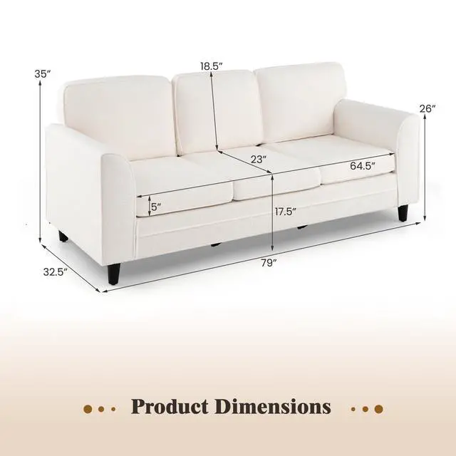 Alt view image 3 of 7 - Giantex 3 Seater Couch - 79 Mid Century Modern Upholstered Sofa with Armrests, Sturdy Legs, Teddy Fleece Comfy Couches for Living Room, Bedroom, Small Space, Apartment and Office (White)