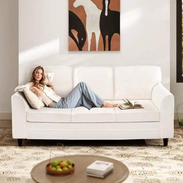 Alt view image 4 of 7 - Giantex 3 Seater Couch - 79 Mid Century Modern Upholstered Sofa with Armrests, Sturdy Legs, Teddy Fleece Comfy Couches for Living Room, Bedroom, Small Space, Apartment and Office (White)