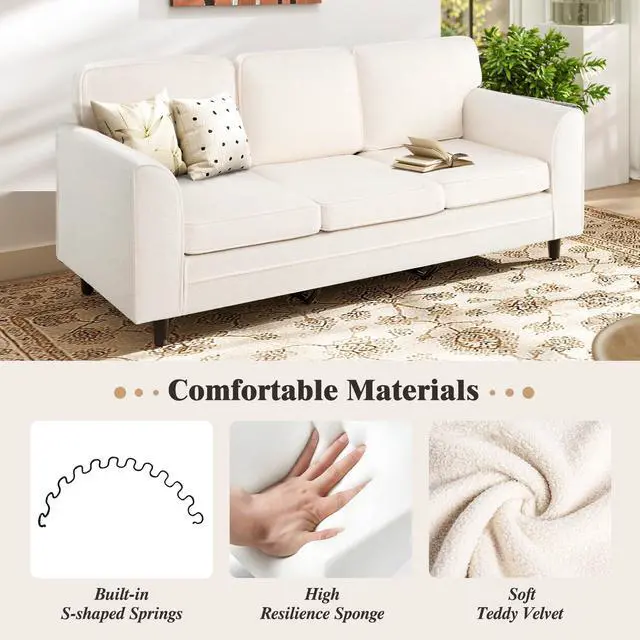 Alt view image 6 of 7 - Giantex 3 Seater Couch - 79 Mid Century Modern Upholstered Sofa with Armrests, Sturdy Legs, Teddy Fleece Comfy Couches for Living Room, Bedroom, Small Space, Apartment and Office (White)