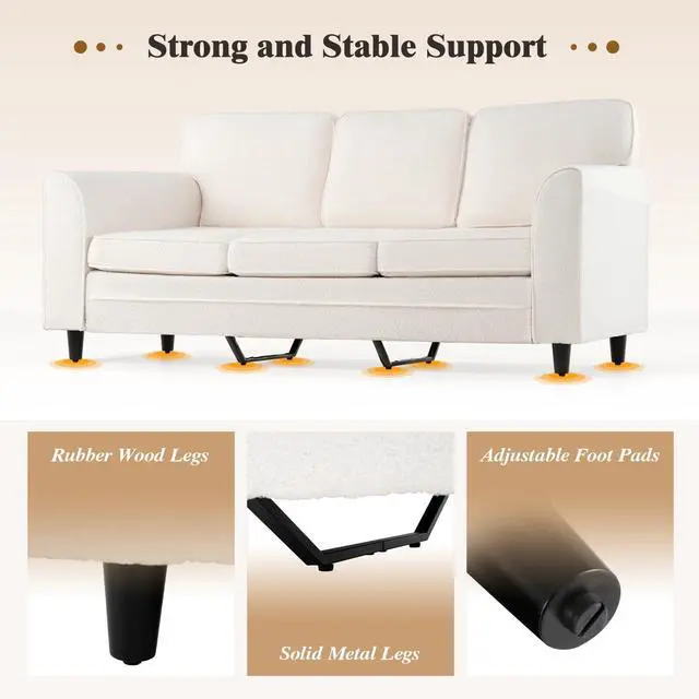 Alt view image 7 of 7 - Giantex 3 Seater Couch - 79 Mid Century Modern Upholstered Sofa with Armrests, Sturdy Legs, Teddy Fleece Comfy Couches for Living Room, Bedroom, Small Space, Apartment and Office (White)