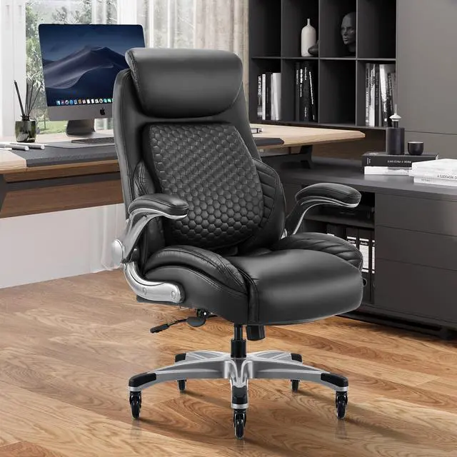 Alt view image 3 of 6 - COLAMY Office Ergonomic Desk High Back Executive Chair with Pop-Out Lumbar Support, Upgraded Casters, Adjustable Headrest, Flip-Up Arms, Leather Home with Thick Cushion for Comfort - Black