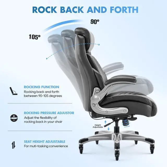 Alt view image 4 of 6 - COLAMY Office Ergonomic Desk High Back Executive Chair with Pop-Out Lumbar Support, Upgraded Casters, Adjustable Headrest, Flip-Up Arms, Leather Home with Thick Cushion for Comfort - Black