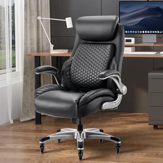 Alt view image 5 of 6 - COLAMY Office Ergonomic Desk High Back Executive Chair with Pop-Out Lumbar Support, Upgraded Casters, Adjustable Headrest, Flip-Up Arms, Leather Home with Thick Cushion for Comfort - Black