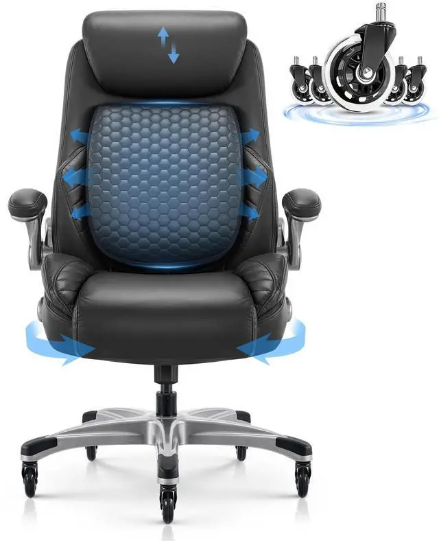 Alt view image 6 of 6 - COLAMY Office Ergonomic Desk High Back Executive Chair with Pop-Out Lumbar Support, Upgraded Casters, Adjustable Headrest, Flip-Up Arms, Leather Home with Thick Cushion for Comfort - Black